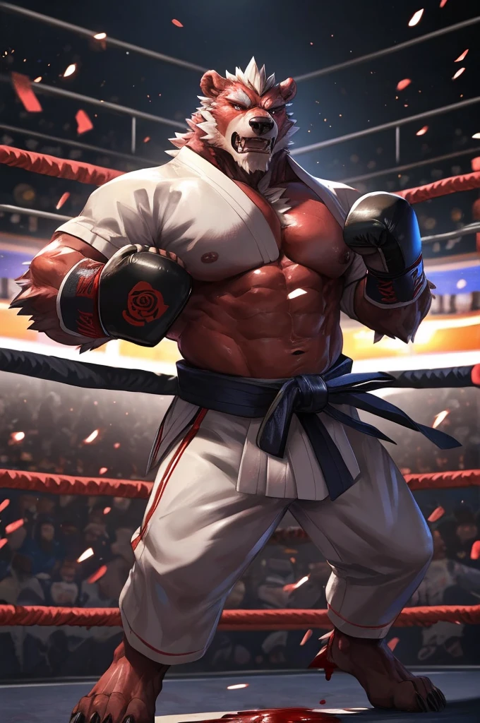 Semirealistic:1.3, lindong, Zoroj, 1boy, solo, muscular old man (furry grizzly bear) (bleeding, blood on body), ((fighting arena)), huge muscular, short hair, wearing karate uniform, (cinematic light vfx background), dark background