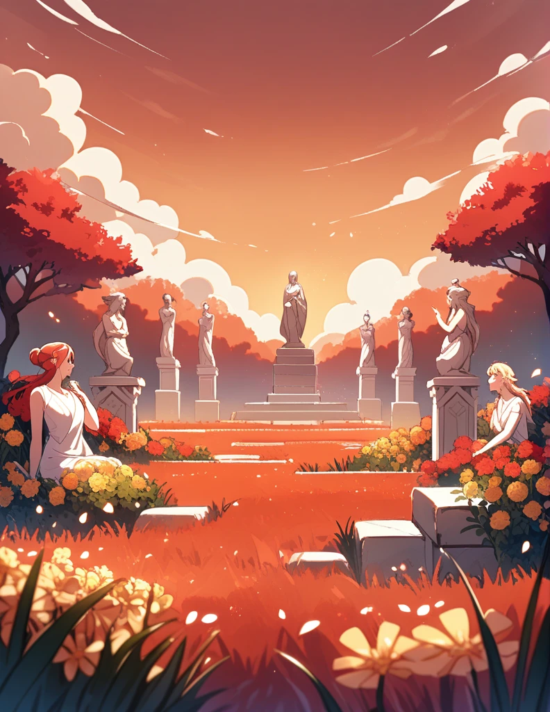 grande jardim com grama vermelha, com esculturas de mármore grego e algumas pequenas ninfas voando entre as flores, e um céu laranja