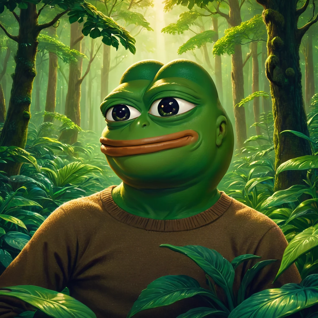 A father and son Pepe the frog, highly detailed, 3d render, digital illustration, vibrant colors, dynamic lighting, photorealistic, intricate details, lush green forest background, cute and whimsical, warm color palette, masterful rendering, epic scale, striking composition