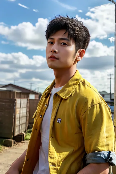 A young Asian man with large muscles looks at the camera. In a yellow, red and white button-up shirt. , measure , Normal sunligh...