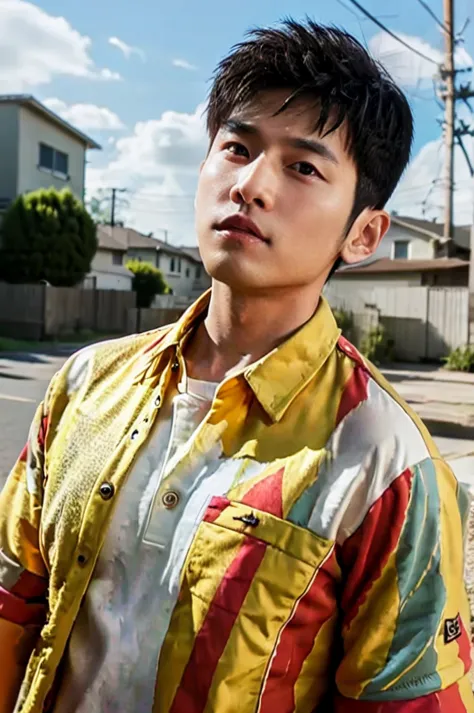 A young Asian man with large muscles looks at the camera. In a yellow, red and white button-up shirt. , measure , Normal sunligh...