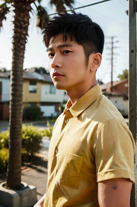 A young Asian man with large muscles looks at the camera. In a yellow, red and white button-up shirt. , measure , Normal sunligh...