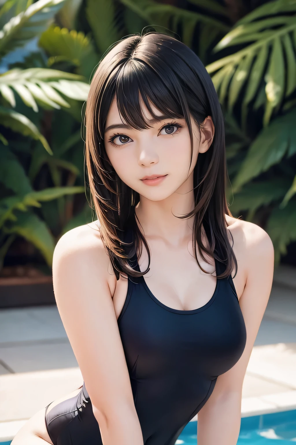 1girl, 25 years old woman, medium breasts, cute face, beautiful face, (perfectly detailed face), ((looking at viewer)), Hands behind the body, hands behind head, Simple Background, One-piece swimsuit, poolside, sexy pose, standing by the pool, full body visible, waki, smiley, Sitting by the pool, thighs visible, photorealistic, (bokeh), feet out of frame, feet out of frame, tachi-e, UHD, anatomically correct, highres