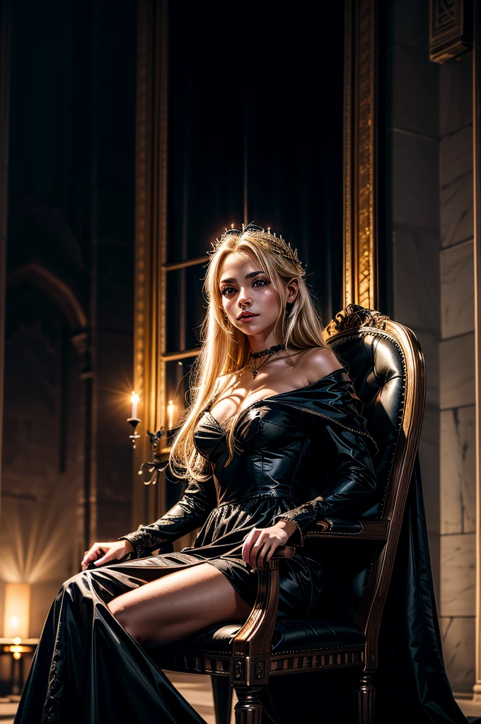 1girl, black dress, holding wineglass, sitting on a royla throne, throneroom, blonde hair, long hair, dusk, midnight, moonlight reflection, from below, air of superiority