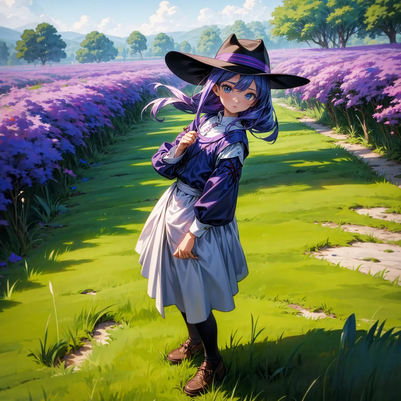 1childern girl, Full body version, 1character, children version, blue eyes color, long haircut, purple colour hair, maid medieval style clothing, cowboy hat, Grassroots, background in green field, motion blur, (Hunter x Hunter style)