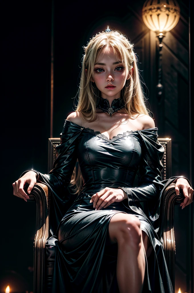 1girl, black dress, holding wineglass, sitting on a royla throne, throneroom, blonde hair, long hair, dusk, midnight, moonlight reflection, from below, air of superiority