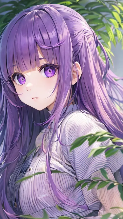 kawaii girl,fern, long hair, bangs, (purple eyes:1.1), purple hair, side lock, blunt bangs, (bright eyes:1.5), half up,big breas...