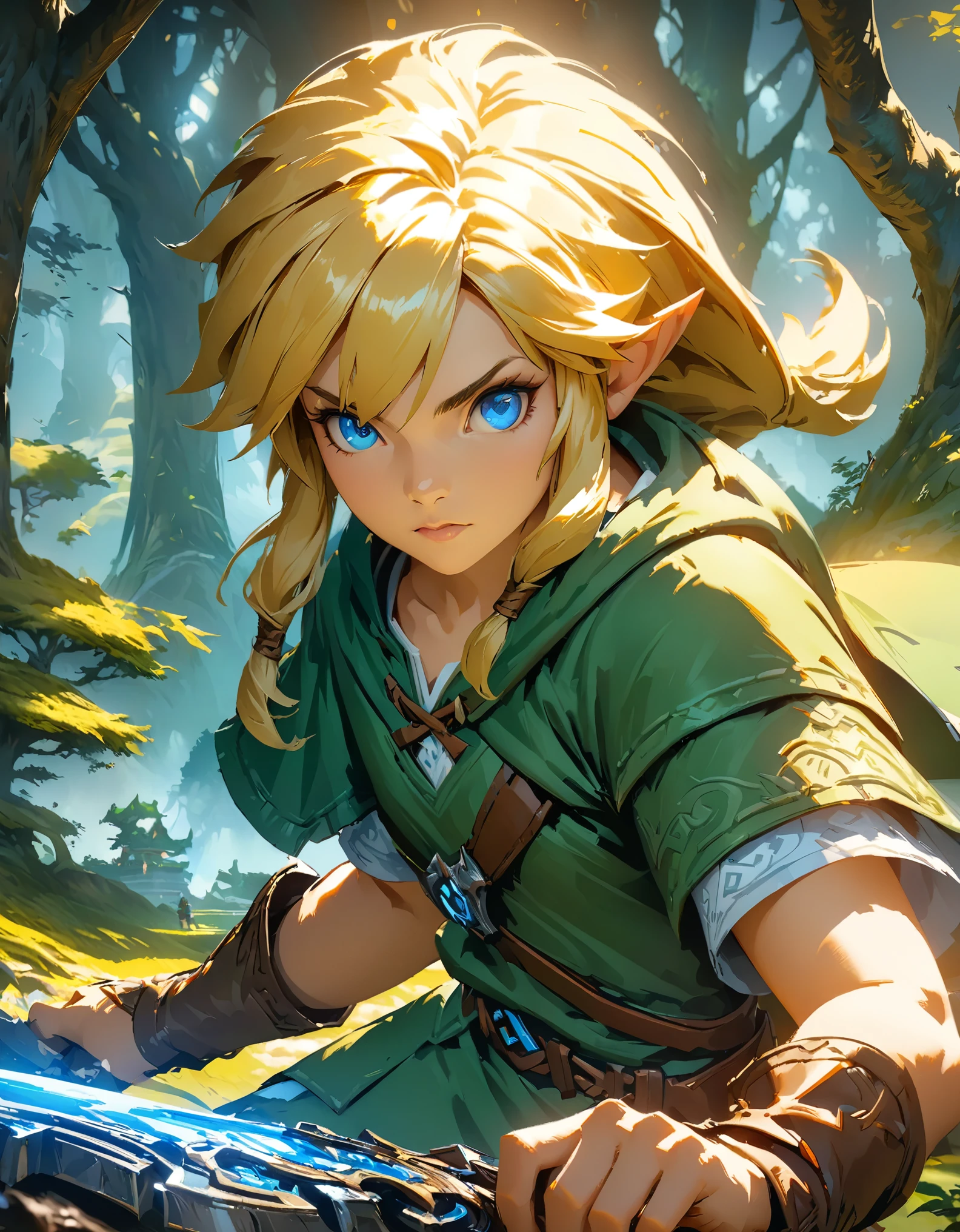 The Legend of Zelda, Link, Long blonde hair and blue eyes, Wearing a green tunic and brown leather boots, With a sword and shield, Forest Trees々を背景にした壮大なFantasyの風景, (Detailed face), Intricate details, Ready your sword, Action Scenes, Face Close Up, Bright colors, Dramatic lighting, Fantasy, Concept Art, Digital Painting, (Highest quality, 8K, High resolution, masterpiece:1.2), Super detailed, (Computer Graphics, Digital Artistic:1.37).