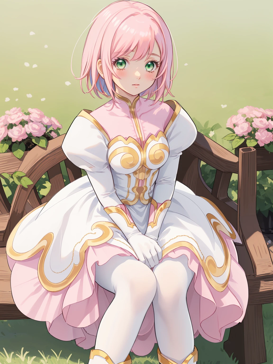 masterpiece, Highest quality, alone, One Girl,Estellise Sidos Heurassein, Pink Hair, short hair, Green Eyes, Small breasts, White and pink dress, Glamorous Dress, Pink collar, Pink Skirt, White boots, White gloves, (Black Pantyhose, Black legwear:1.1)whole body, Little:5, cute, (Beautifully detailed face), (Beautiful attention to detail), (Beautiful detailed hair)