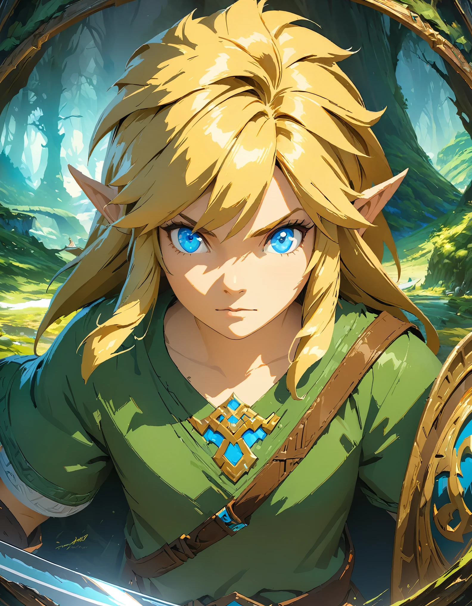 The Legend of Zelda, Link, Long blonde hair and blue eyes, Wearing a green tunic and brown leather boots, With a sword and shield, Forest Trees々を背景にした壮大なFantasyの風景, (Detailed face), Intricate details, Ready your sword, Action Scenes, Face Close Up, Bright colors, Dramatic lighting, Fantasy, Concept Art, Digital Painting, (Highest quality, 8K, High resolution, masterpiece:1.2), Super detailed, (Computer Graphics, Digital illustration:1.37).