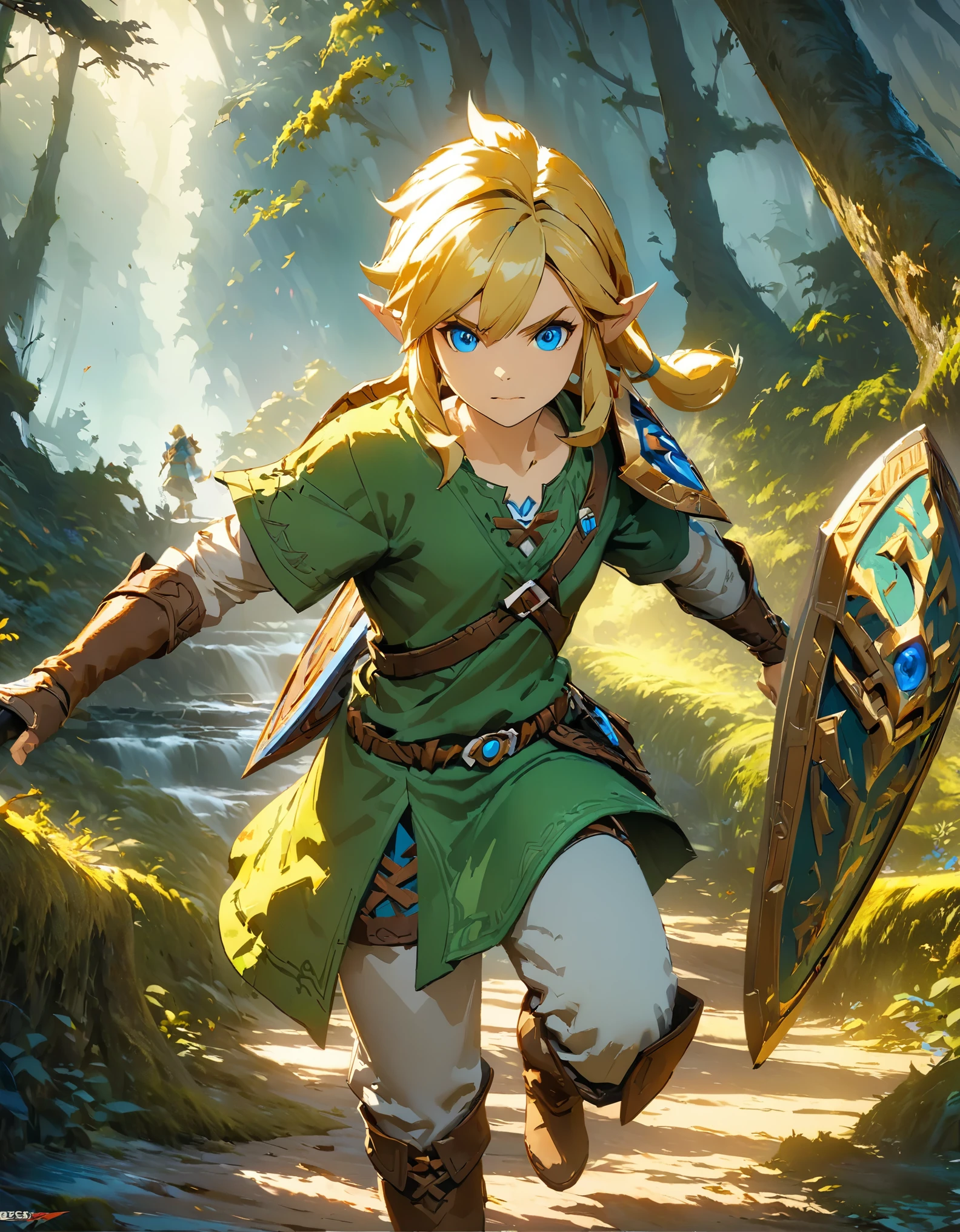 The Legend of Zelda, Link, Long blonde hair and blue eyes, Wearing a green tunic and brown leather boots, With a sword and shield, Forest Trees々を背景にした壮大なFantasyの風景, (Detailed face), Intricate details, Ready your sword, Action Scenes, Face Close Up, Bright colors, Dramatic lighting, Fantasy, Concept Art, Digital Painting, (Highest quality, 8K, High resolution, masterpiece:1.2), Super detailed, (Computer Graphics, Digital Artistic:1.37).