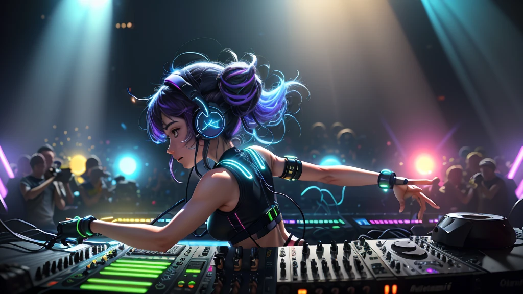 (masterpiece:1.3),(best quality:1.2),8k,absurdres,unity 8k wallpapper,(extremely detailed:1.3),highestres,realistic, blurry background, blurry foreground, 
(1girl:1.2),(headphones:1.1),(neon light:1.1),mechanical headwear,(mechanical wings:1.1),frown,(dynamic pose:1.1),(floating hair:1.2),(DJ:1.2),(psychedelic:1.2),dynamic pose,(electric wire:1.1),(light beam:1.2),half closed eyes,midriff,dim,(music:1.2),cable,god rays,(indoors:1.2),from side,(instrument:0.7),frenzied,passionate,energetic,intense,electrifying,exhilarating,dynamic,thrilling,explosive,rousing,(crowd:1.2),light rays,,neonlight,electric fan, (electricity:1.2), (electronic music:1.1),(sound mixing:1.3),