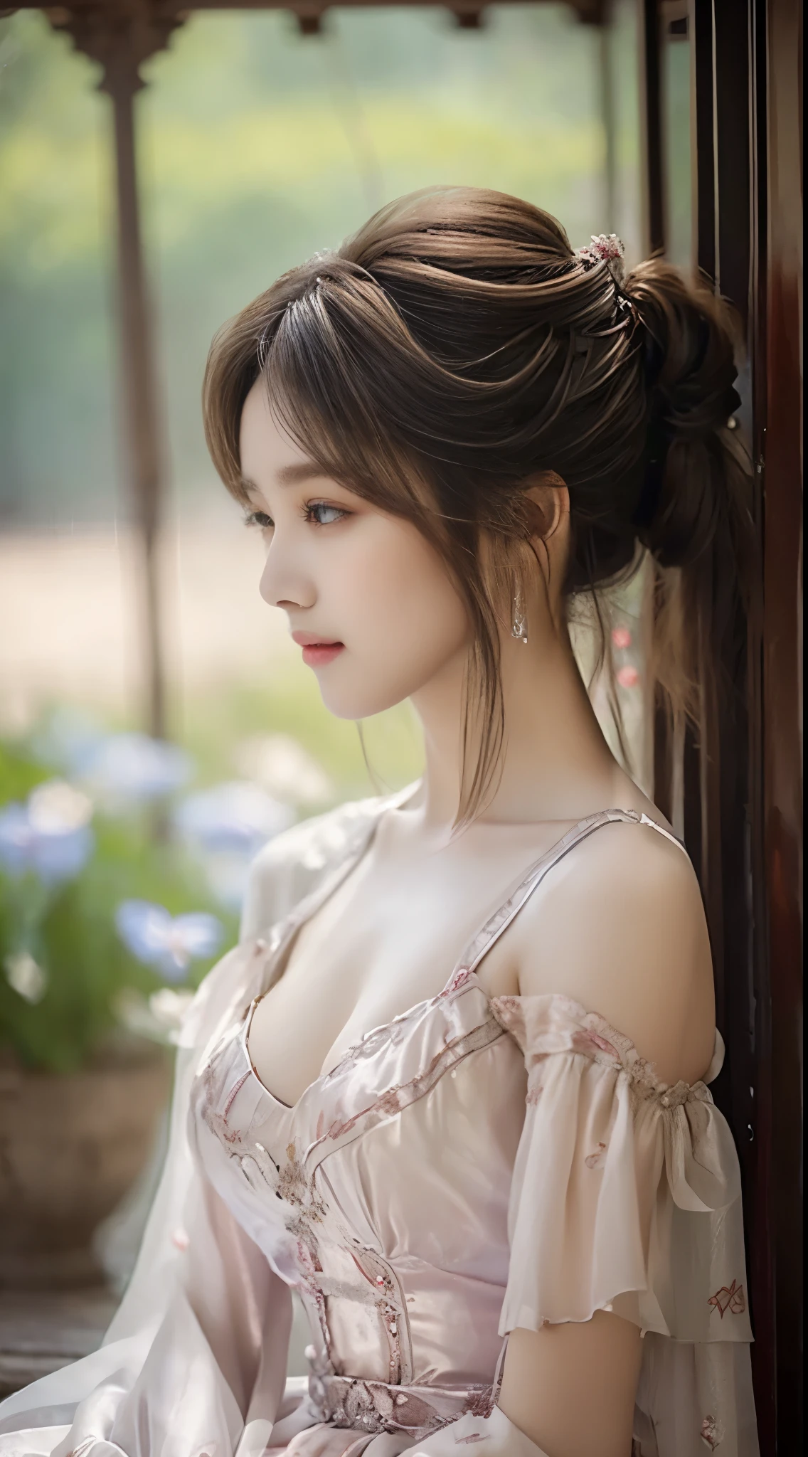 red dress, A girl sitting on a bench in the gazebo，Leaning on the railing，warm sunlight，Soft sandy texture，((Bare shoulders)), ((I-type Valley)), ((E-cup)), ((Visible cleavage)), (lifelike的皮肤:1.2)，(Flowing hair:1.1)，(Shadows and Highlights:1.2)，Random angle shooting，complicateddetail，Movie-like lighting，Very detailed，8K, Art Station Trends, （breeze:1.0），complicated布料detail，Relaxed gesture，Gentle expression，Elegant posture，Smile，sunny，Delicate fabric texture，(lifelike:1.2)，(high quality:1.3)，(Natural light:1.1)，best quality，Anatomically correct，Official Art，complicated，detail的脸，detail，lifelike，Astonishing，beautiful，Young and energetic，Charming model，Detailed CG，壁纸