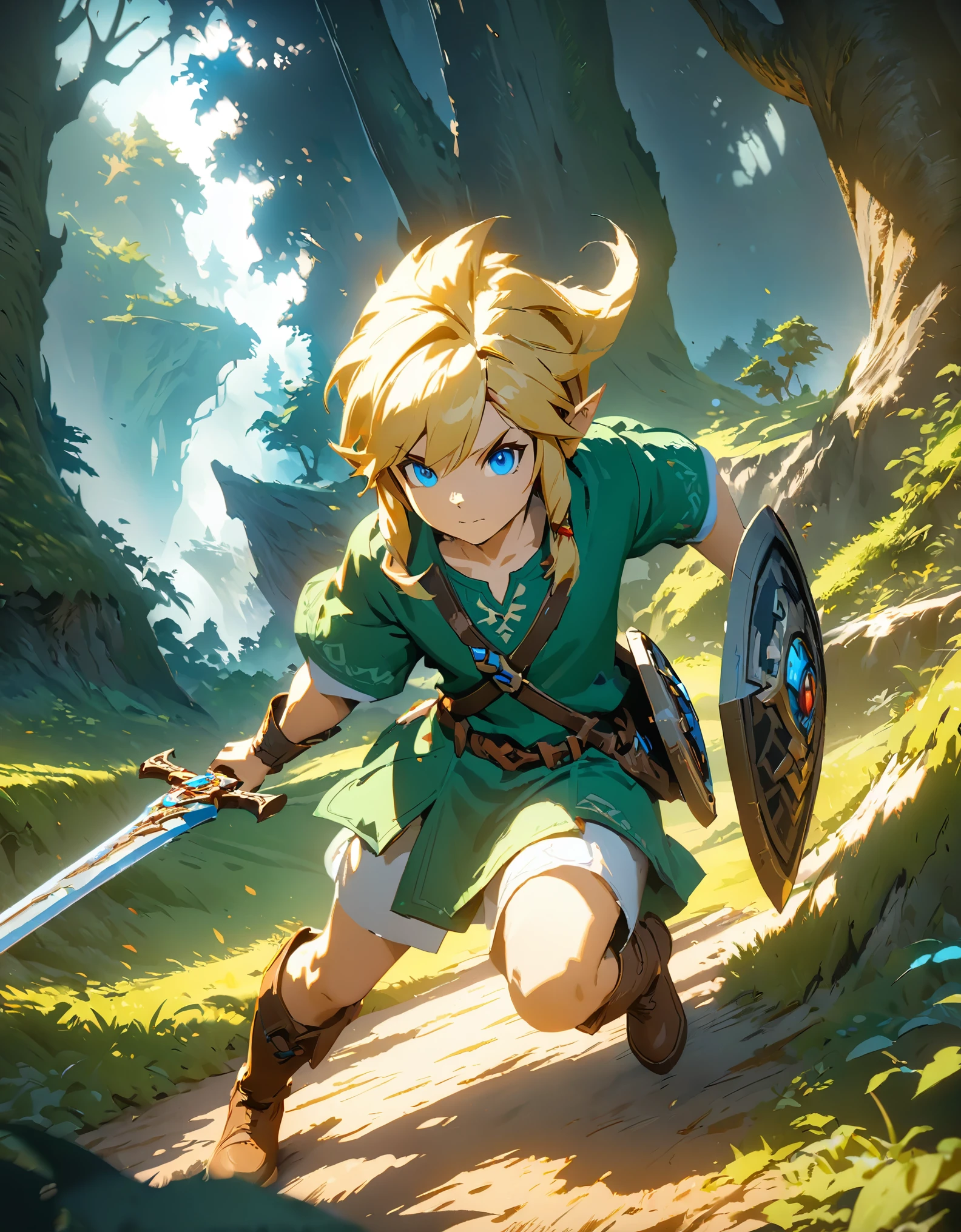 The Legend of Zelda, Link, Long blonde hair and blue eyes, Wearing a green tunic and brown leather boots, With a sword and shield, Forest Trees々を背景にした壮大なFantasyの風景, (Detailed face), Intricate details, Ready your sword, Action Scenes, Face Close Up, Bright colors, Dramatic lighting, Fantasy, Concept Art, Digital Painting, (Highest quality, 8K, High resolution, masterpiece:1.2), Super detailed, (Computer Graphics, Digital Artistic:1.37).