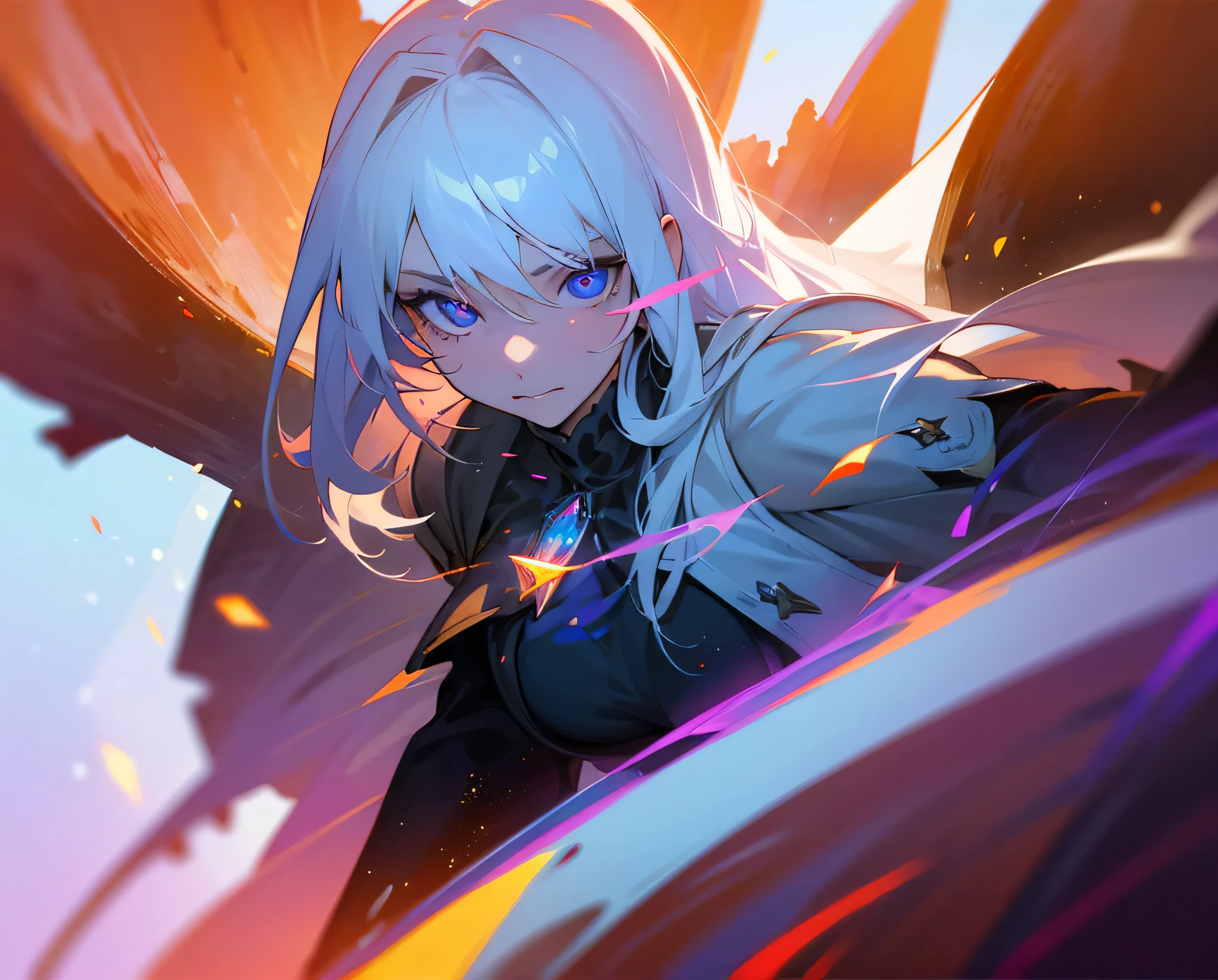 Mature woman face, white shirt, black trousers, long white hair, (top quality, 8k, high, masterpiece), highly detailed facial features, intricate details, natural lighting, warm colors , soft focus, digital painting, fantasy art, silhouette, universe, weapon, crystal blade sword, beautiful face, flat gaze, beautiful eyes, perfect eyes, purple pupils, blue particles, perfect eyes.