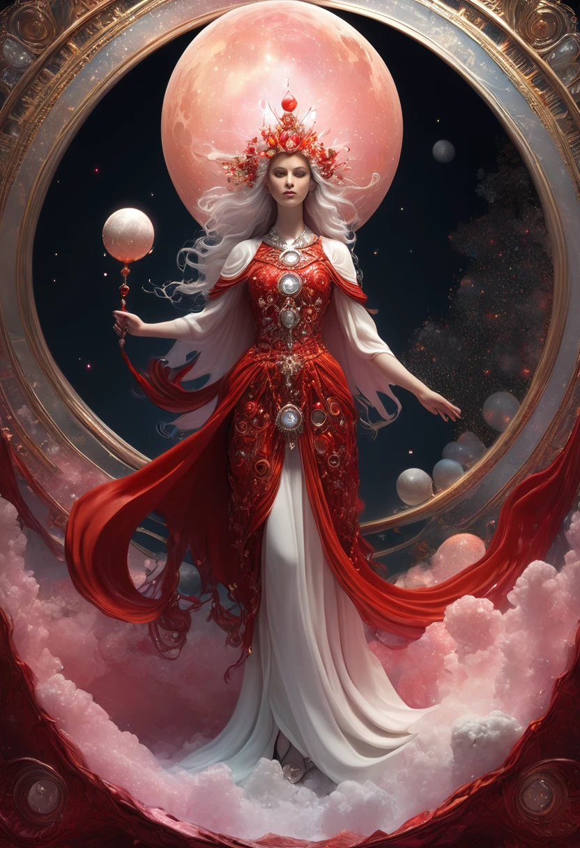 A female human figure who personifying  the tarot of The Moon, dressed in crimson, flecked silver-white, light translucent pinkish brown and stone colour, She is the great bewichter, she is raising from a dark abyss, corporeal intelligence, The Ruler of Flux and Reflux,The  of the Sons of the Mighty, pisces, 1÷10×√(50)×tan(78)+125^(2)÷√(8.888), fractal,organic matter, cellular colony, deep wiew,4k resolution,hyperdetailed, masterpiece, 3d modelling, abstract art, digital art
