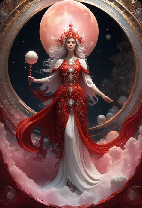 A female human figure who personifying  the tarot of The Moon, dressed in crimson, flecked silver-white, light translucent pinki...