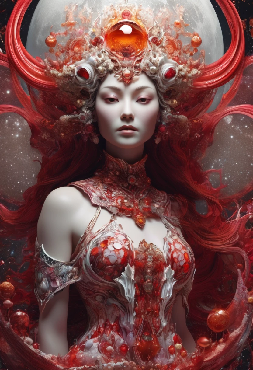 A female human figure who personifying  the tarot of The Moon, dressed in crimson, flecked silver-white, light translucent pinkish brown and stone colour, She is the great bewichter, she is raising from a dark abyss, corporeal intelligence, The Ruler of Flux and Reflux,The  of the Sons of the Mighty, pisces, 1÷10×√(50)×tan(78)+125^(2)÷√(8.888), fractal,organic matter, cellular colony, deep wiew,4k resolution,hyperdetailed, masterpiece, 3d modelling, abstract art, digital art
