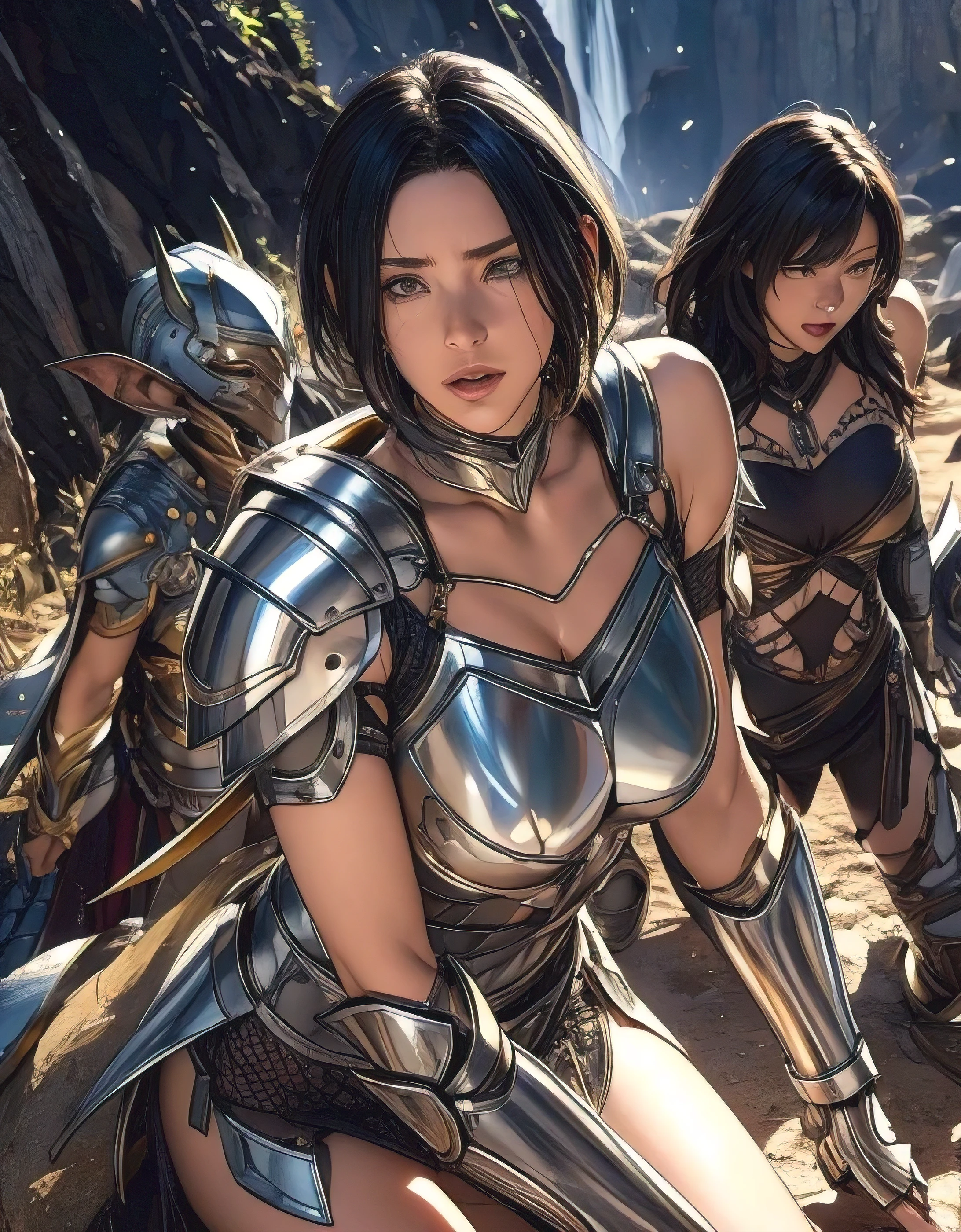 {best quality}, {very aesthetic}, {ultra-detailed}, {best illustration}, nsfw, best quality, official art, masterpiece, textile shading, HDR, very detailed, colorful, best details, fantasy, battle suit:1.5,1 female, 25 years old, black hair, short hair, up bang hair, one length, ,(A female paladin surrounded and attacked by three goblins),(Goblin in heat),((Gorgeous Paladin Armor, Arm guard, Leg guards, Carrying a dagger and a small shield)),Dynamic pose, Dynamic Angle, cave,(weak々Kneel deeply), (cry, anger),belly button, Big Breasts,(Gorgeous Necklace, jewelry, bracelet),torn clothes, Nipple Puffs, annoyed, pointy breasts