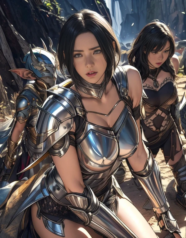 {best quality}, {very aesthetic}, {ultra-detailed}, {best illustration}, nsfw, best quality, official art, masterpiece, textile shading, HDR, very detailed, colorful, best details, fantasy, battle suit:1.5,1 female, 25 years old, black hair, short hair, up bang hair, one length, ,(A female paladin surrounded and attacked by three goblins),(Goblin in heat),((Gorgeous Paladin Armor, Arm guard, Leg guards, Carrying a dagger and a small shield)),Dynamic pose, Dynamic Angle, cave,(weak々Kneel deeply), (cry, anger),belly button, Big Breasts,(Gorgeous Necklace, jewelry, bracelet),torn clothes, Nipple Puffs, annoyed, pointy breasts