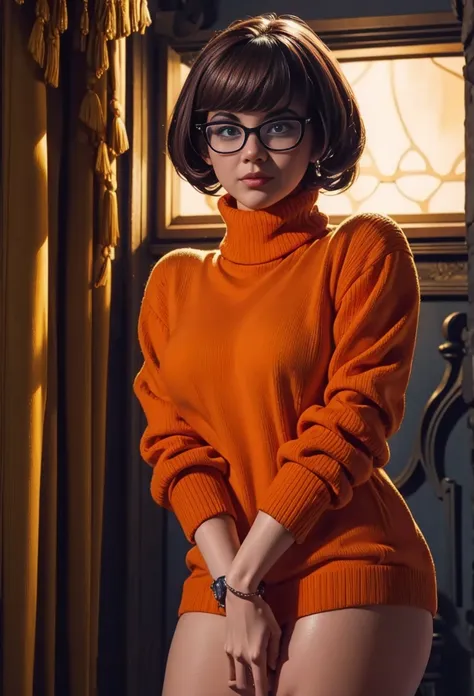 sensuous velma from scooby doo with big  and square glasses wearing a tight orange turtleneck sweater, naughty, slutty, neckleac...