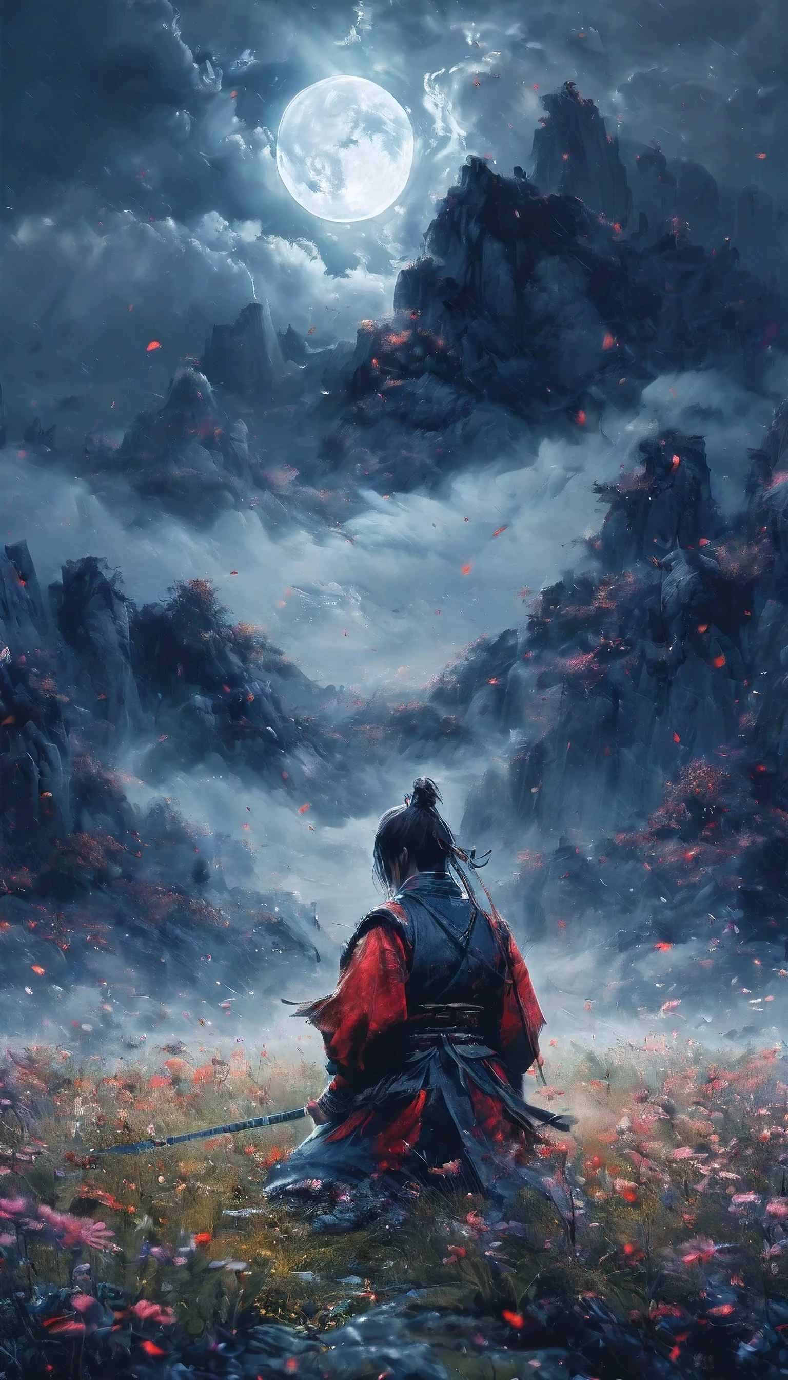 a young man kneeling in a flowery meadow, samurai, night, shining red moon, torn sword, long exposure, highly detailed, 8k, photorealistic, masterpiece, studio lighting, dramatic lighting, cinematic, moody atmosphere, vibrant colors, lush nature, intricate details