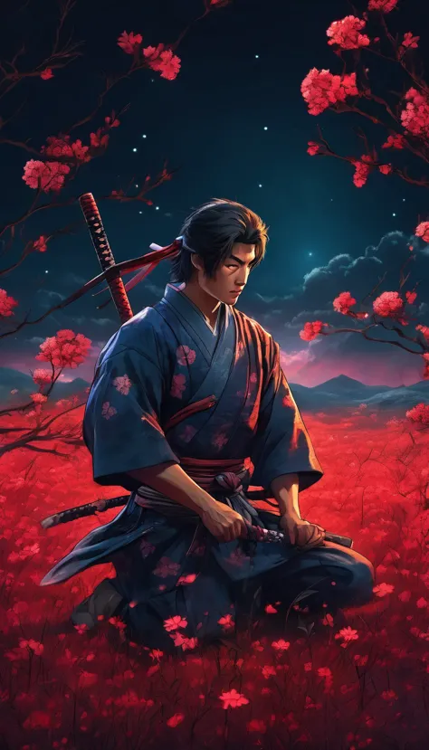 a young man kneeling in a flowery meadow, samurai, night, shining red moon, torn sword, long exposure, highly detailed, 8k, phot...