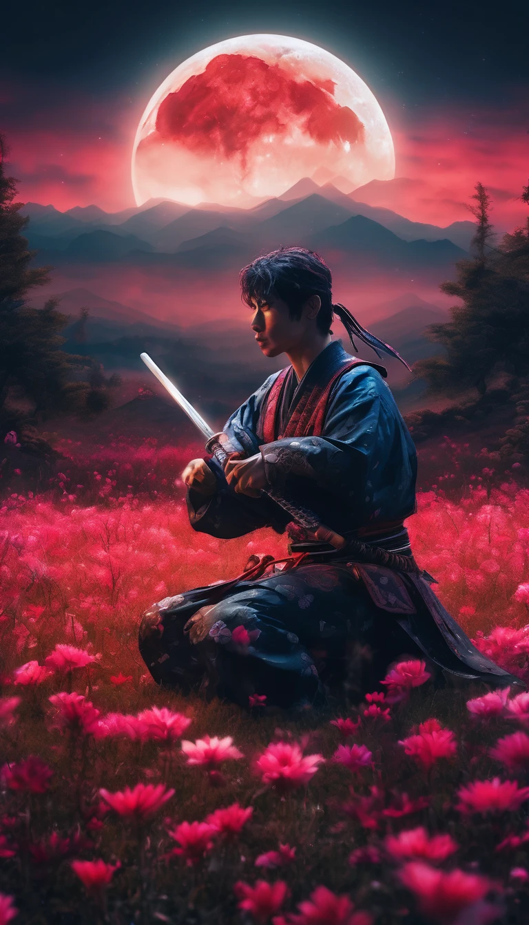 a young man kneeling in a flowery meadow, samurai, night, shining red moon, torn sword, long exposure, highly detailed, 8k, photorealistic, masterpiece, studio lighting, dramatic lighting, cinematic, moody atmosphere, vibrant colors, lush nature, intricate details