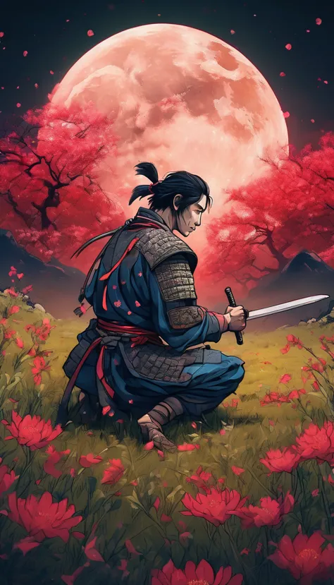 a young man kneeling in a flowery meadow, samurai, night, shining red moon, torn sword, long exposure, highly detailed, 8k, phot...