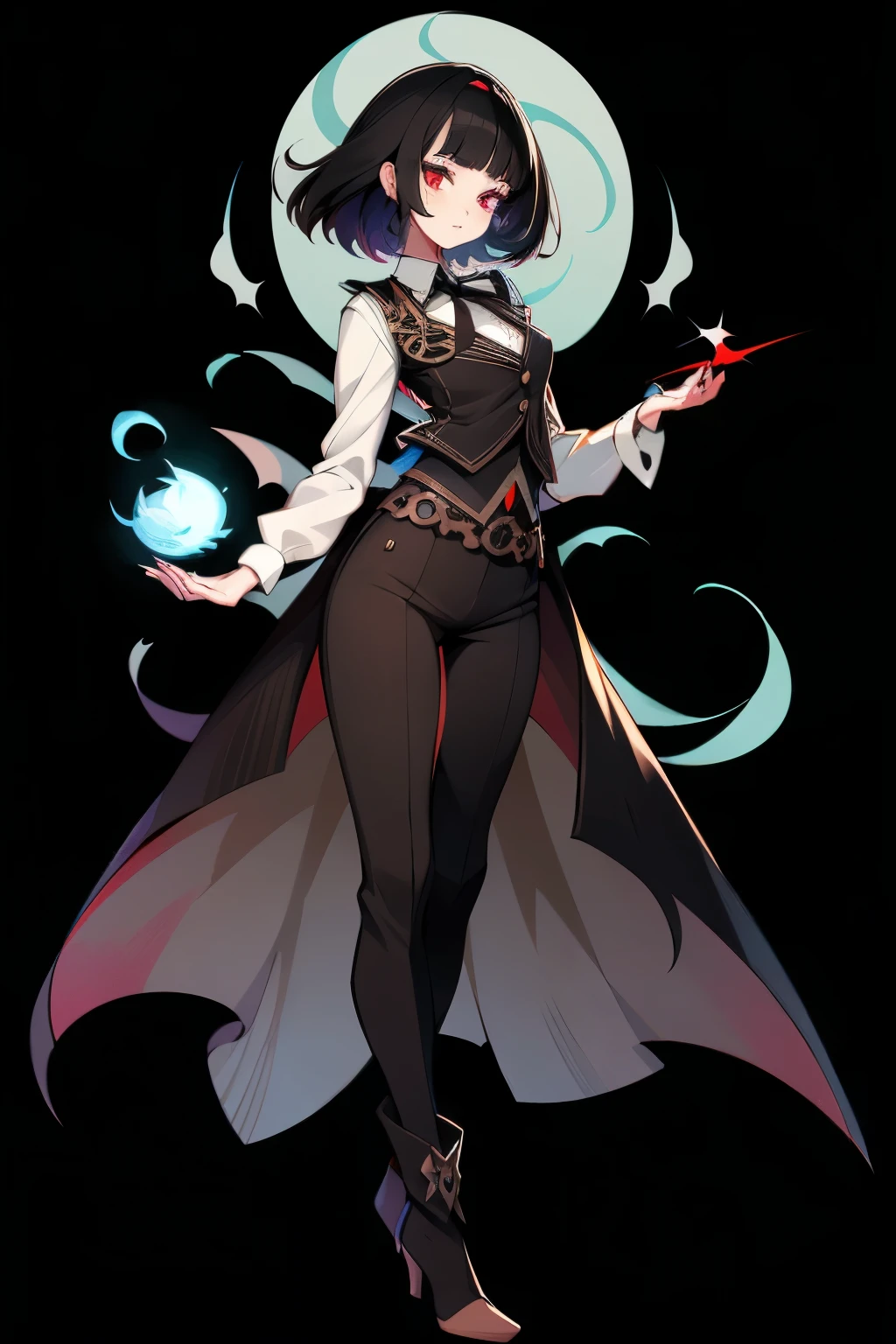 animé female character, Les cheveux cours et noirs, frange, les yeux rouges, gilet, bottes, Prise de vue complète du corps, Pose, élégant, frange, mode ouji, "Majordome noir" tenue inspirée., animé, Art gothique, animé, Art gothique, chef-d&#39;œuvre, Anatomiquement correct, précis, détails élevés, haute résolution, 4k, 8k, haute résolution, 1080P, Super détail, chef-d&#39;œuvre, Anatomiquement correct