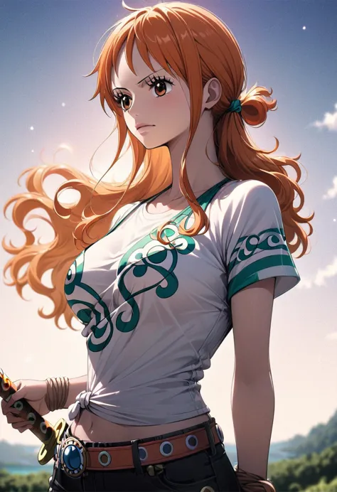 masterpiece, best quality), intricate details, 1 girl, woman, orange hair, nami \ (one piece\), (long hair), shirt, white shirt,...