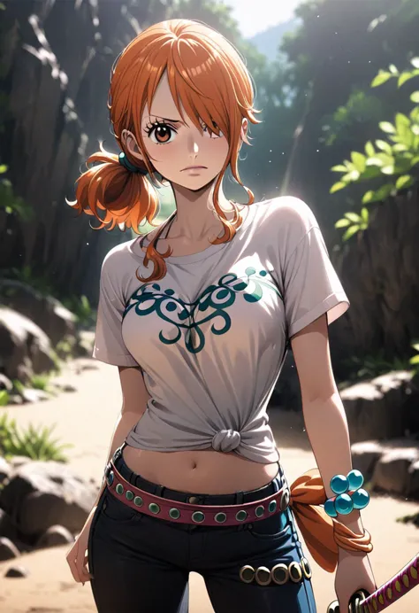 masterpiece, best quality), intricate details, 1 girl, woman, orange hair, nami \ (one piece\), (long hair), shirt, white shirt,...