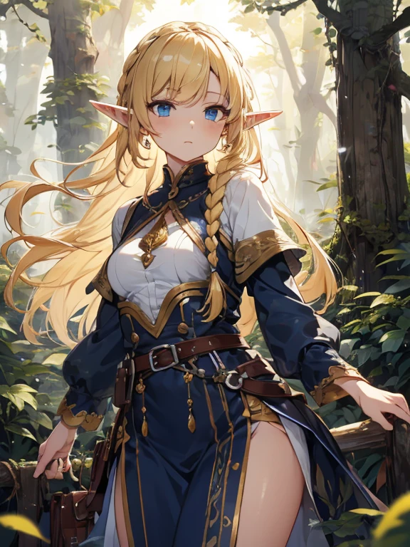 masterpiece, Highest quality, Very detailed, 16K, Ultra-high resolution、Cowboy Shot, 1 Elf girl, Detailed face、Perfect Fingers, Elf Ears, Small breasts, blue eyes, blonde, Braiding, No sleeve, Light clothing, in the forest, During a walk