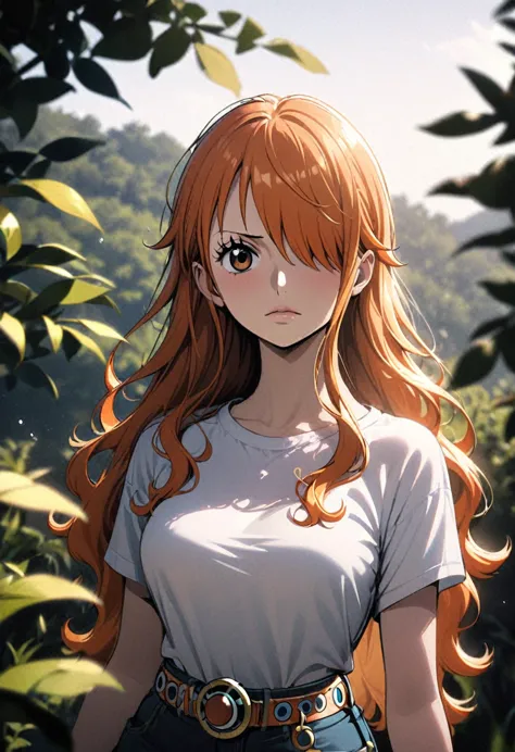 masterpiece, best quality), intricate details, 1 girl, woman, orange hair, nami \ (one piece\), (long hair), shirt, white shirt,...