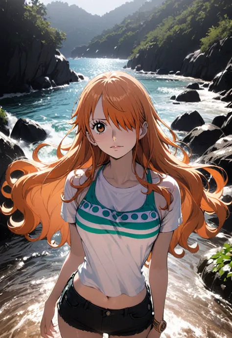 masterpiece, best quality), intricate details, 1 girl, woman, orange hair, nami \ (one piece\), (long hair), shirt, white shirt,...