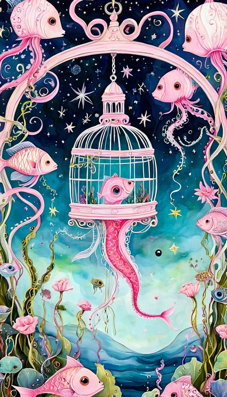 鸟笼里的浅粉色鱼，植物，触手，眼睛、星空，拼接抽象画，描述自闭症患者的内心世界，空间感，白色空间，有趣的，纯真，迷幻艺术，粉红色主题
