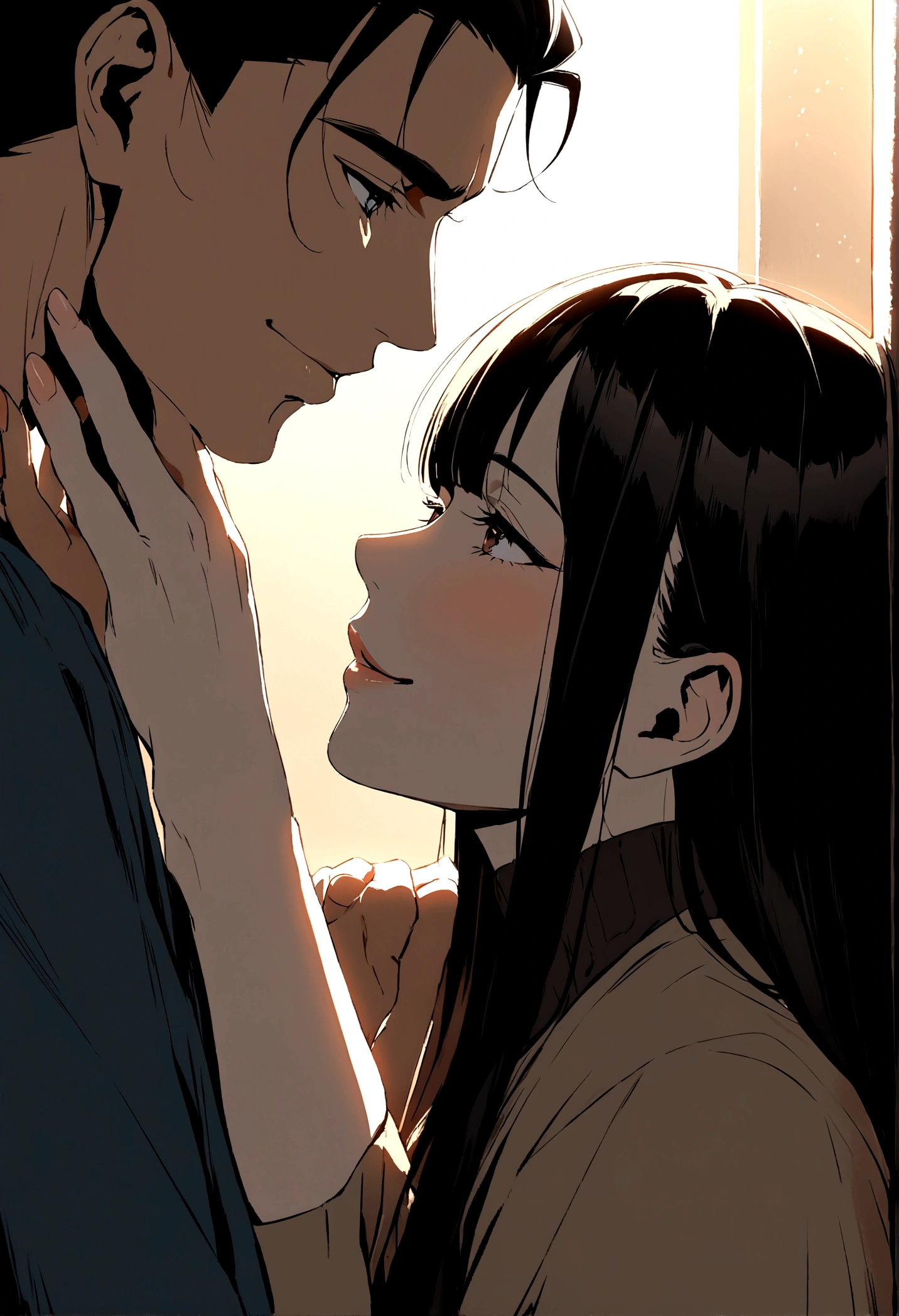 Anime illustration of a man with black hair and a woman with long brown hair looking at each other and smiling playfully. Their faces are very close to each other, with their lips almost touching. They are sitting on the floor. Intimate atmosphere, best quality, high detail, masterpiece