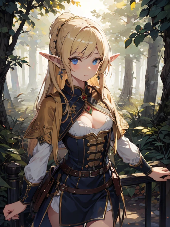 masterpiece, Highest quality, Very detailed, 16K, Ultra-high resolution、Cowboy Shot, 1 Elf girl, Detailed face、Perfect Fingers, Elf Ears, Small breasts, blue eyes, blonde, Braiding, No sleeve, Light clothing, in the forest, During a walk