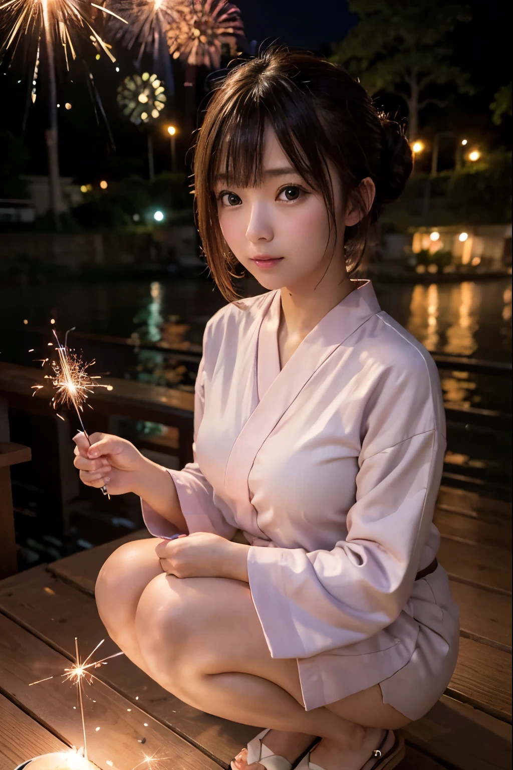 Perfectly Anatomically Correct:1.4, 5 Beautiful finger:1.4, 
1 Japanese Girl, Kawaii, Very Short Hair Bun:1.2, Wide-Set Eyes, Very White Skinned, Blush, Bashfully, 16-Year-Old, Open Mouse Slightly, 
Cute Eyes, Tareme, Brown Hair, Light Smile, 
(Japanese Sparklers Within Own Reached Arm:1.4), 
(Point Fireworks at Viewer:1.0), 
Pale Colored Yukata or Kimono or Japanese Clothes:1.6, Squatting, 
Looking Up Viewer:1.2, 
Dynamic Angle, 
SFW:1.0, Non-Nipple:1.0, 
 BREAK 
Light Purple Dusk, Riverside Wooden Deck, Embankment, 
 BREAK 
8K, RAW Photo, Best Quality, Masterpiece, Realistic, PhotoRealistic, Extremely Detailed 8K Wallpaper, Beautifully Detailed Eyes, Finely Detailed Face, 
 BREAK 
High-Key Lighting, Professional Lighting, Bokeh:1.0