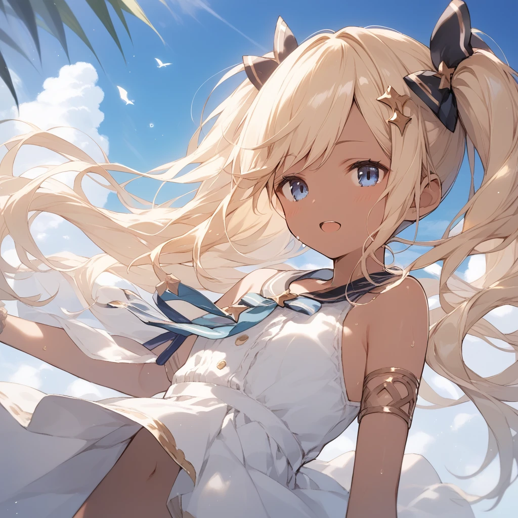 score_9, score_8_up, score_7_up, source_anime, best quality, masterpiece, official art, absurdres, highres, ultra-detailed,waifu2x,Collection: Slice of Life,break,1girl, io \(granblue fantasy\), (dark-skinned female), blonde hair, swept bangs, blue eyes,gradient hair, hair ornament, long hair, flat chest, thighhighs, twintails, sweat, open mouth, sleepily,  outdoors, wind,break,(clear line illustration:1.2), super detailed skin,very high resolution, very aesthetic, Best sexual lighting powered by famous artist, 8k,cute picture,beauty illustration,photoshop_(medium),,(Detailed Lighting),best anime 8k konachan wallpaper, pixiv contest winner, 