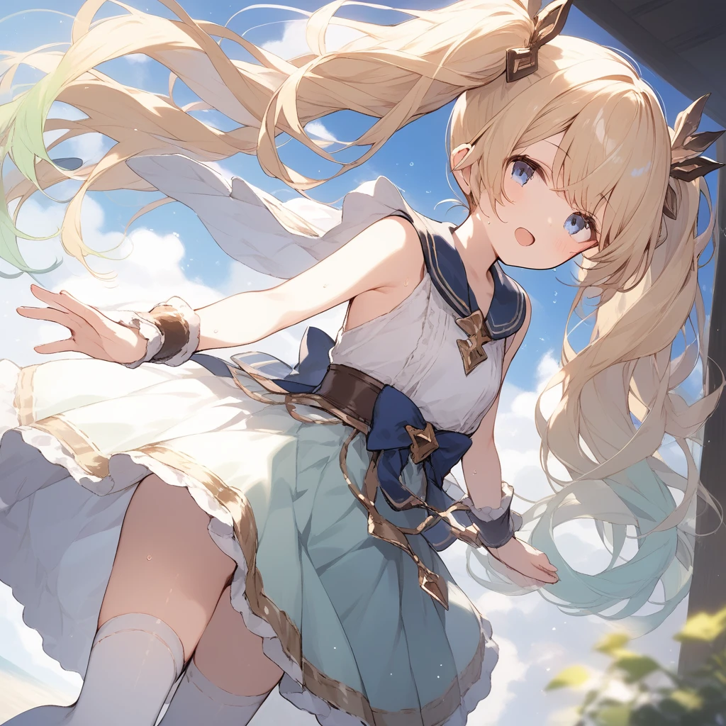 score_9, score_8_up, score_7_up, source_anime, best quality, masterpiece, official art, absurdres, highres, ultra-detailed,waifu2x,Collection: Slice of Life,break,1girl, io \(granblue fantasy\), (dark-skinned female), blonde hair, swept bangs, blue eyes,gradient hair, hair ornament, long hair, flat chest, thighhighs, twintails, sweat, open mouth, sleepily,  outdoors, wind,break,(clear line illustration:1.2), super detailed skin,very high resolution, very aesthetic, Best sexual lighting powered by famous artist, 8k,cute picture,beauty illustration,photoshop_(medium),,(Detailed Lighting),best anime 8k konachan wallpaper, pixiv contest winner, 