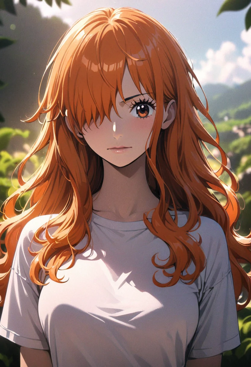 masterpiece, best quality), intricate details, 1 girl, woman, orange hair, nami \ (one piece\), (long hair), shirt, white shirt, female focus, clothes, wearing swimsuit, nature, scenery, upper body, ((front view)) ((close up shot)) ((solo)) ((hair over one eyes)) detailed, very high resolution, no blurry image, full body, orange eyes, sligh wavy hair, ((nami from one piece)) ((female nami from one piece))