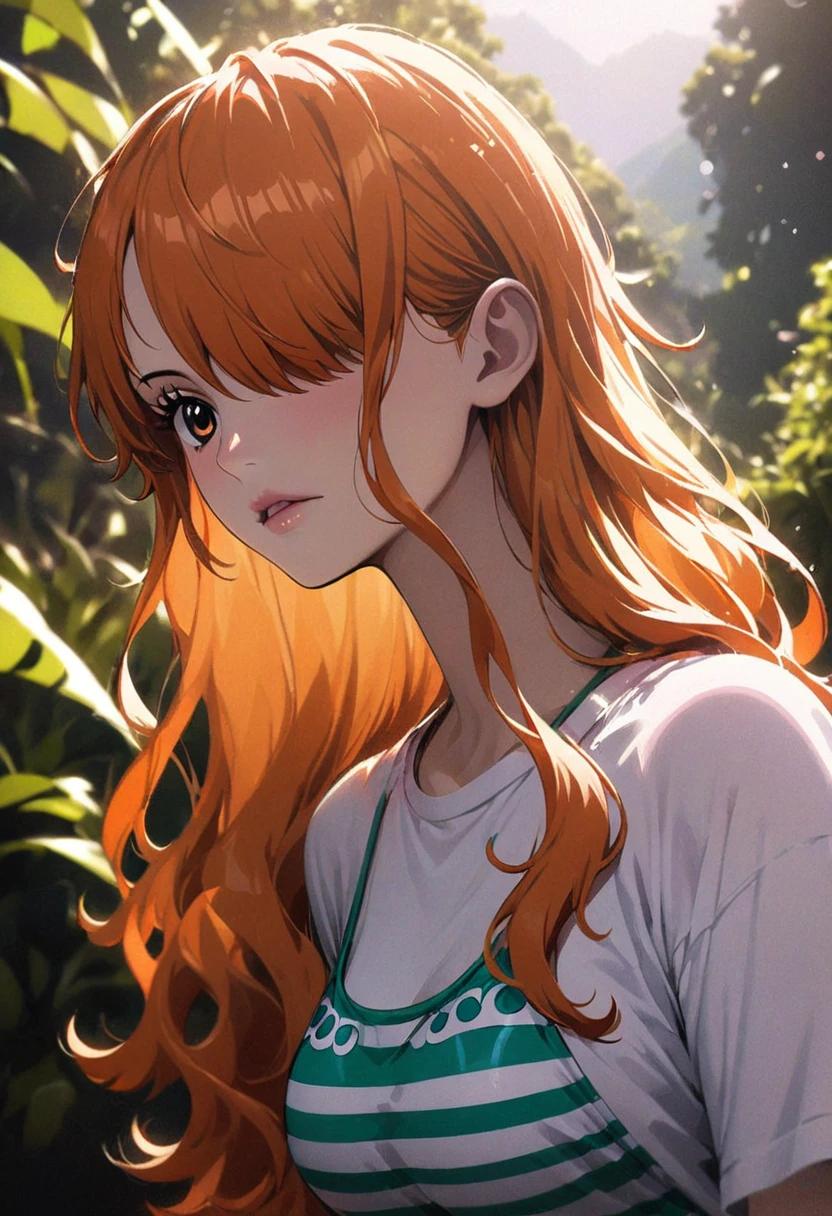 masterpiece, best quality), intricate details, 1 girl, woman, orange hair, nami \ (one piece\), (long hair), shirt, white shirt, female focus, clothes, wearing swimsuit, nature, scenery, upper body, ((front view)) ((close up shot)) ((solo)) ((hair over one eyes)) detailed, very high resolution, no blurry image, full body, orange eyes, sligh wavy hair, ((nami from one piece)) ((female nami from one piece))