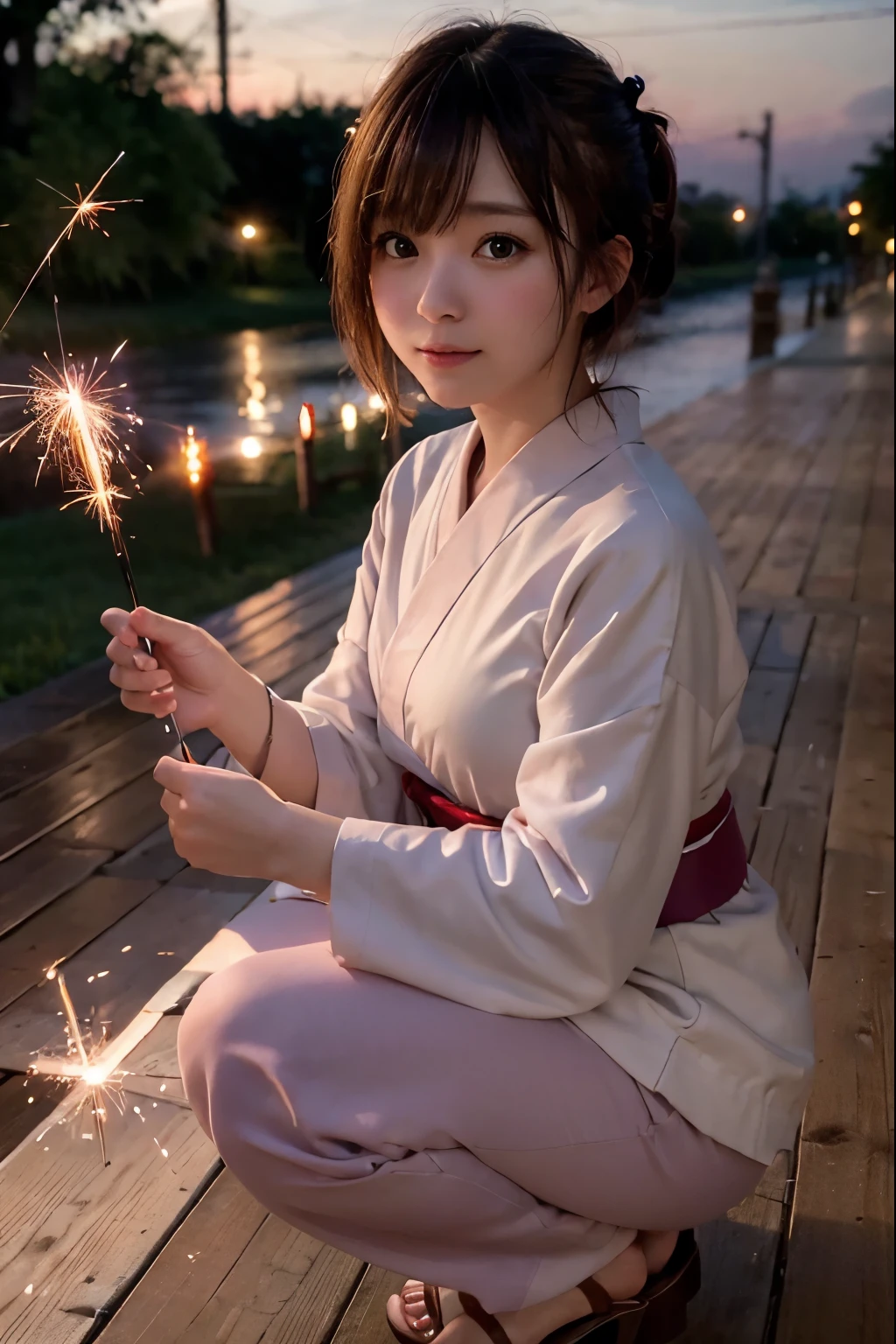 Perfectly Anatomically Correct:1.4, 5 Beautiful finger:1.4, 
1 Japanese Girl, Kawaii, Very Short Hair Bun:1.2, Wide-Set Eyes, Very White Skinned, Blush, Bashfully, 16-Year-Old, Open Mouse Slightly, 
Cute Eyes, Tareme, Brown Hair, Light Smile, 
(Japanese Sparklers Within Own Reached Arm:1.4), 
(Point Fireworks at Viewer:1.0), 
Pale Colored Yukata or Kimono or Japanese Clothes:1.6, Squatting, 
Looking Up Viewer:1.2, 
Dynamic Angle, 
SFW:1.0, Non-Nipple:1.0, 
 BREAK 
Light Purple Dusk, Riverside Wooden Deck, Embankment, 
 BREAK 
8K, RAW Photo, Best Quality, Masterpiece, Realistic, PhotoRealistic, Extremely Detailed 8K Wallpaper, Beautifully Detailed Eyes, Finely Detailed Face, 
 BREAK 
High-Key Lighting, Professional Lighting, Bokeh:1.0