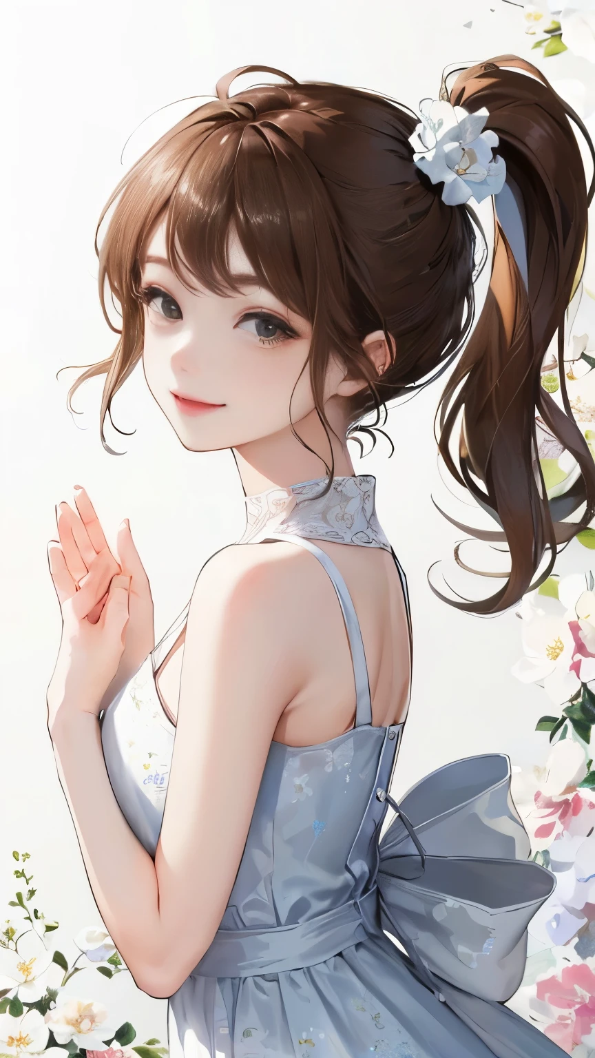 (((Frame In)))、(((White wall background)))、(((Best image quality、8K、Beautiful woman、White wall background)))、(((Brown Hair)))、(((Side Ponytail)))、(((smile)))、(((Floral dress)))、(((Pure white background)))、clapping