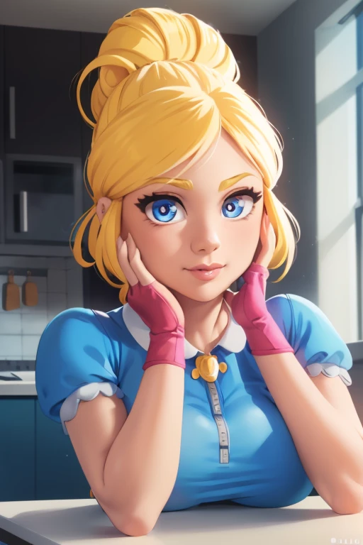 solo, a 1girl, Piper, ssmile, (colossal breasts), (hand on cheek:1.2), blonde woman, hair bun, blue dress, puffy short sleeves, partially fingerless gloves, kitchen, BREAK (Masterpiece:1.2), Best Quality, High Resolution, Unity 8k Wallpaper, (illustartion:0.8), (pretty eyes:1.6), extremely detailed face, perfect  lighting, extremely detailed CGI, (realistic fingers)