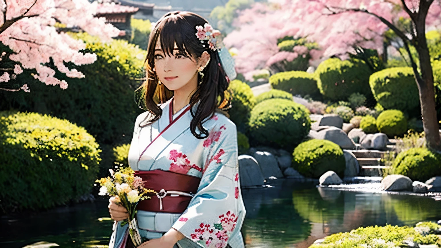 Eine Frau im Kimono hält Blumen。Der Hintergrund ist ein japanischer Garten、Kirschblüten tanzen。