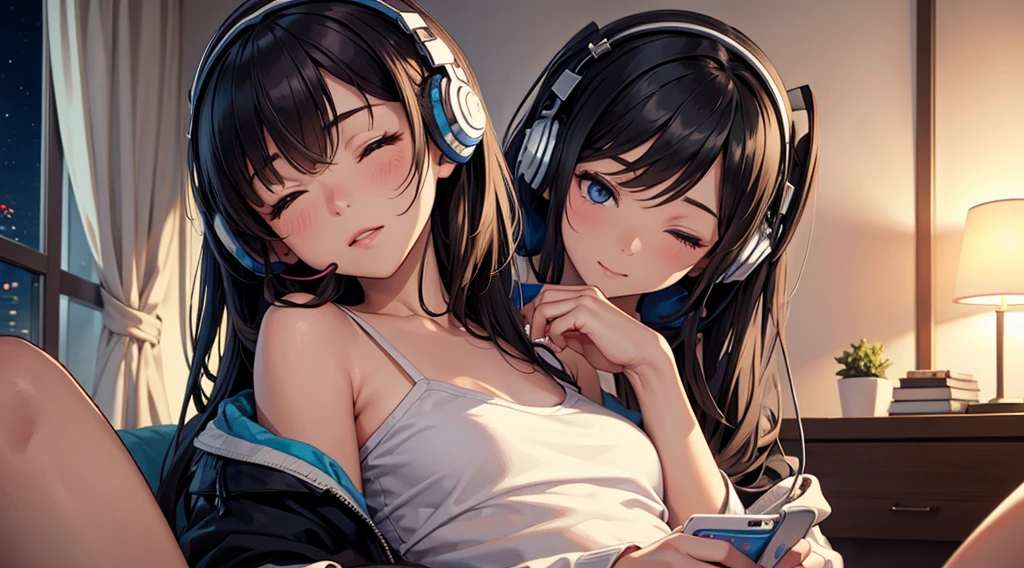 Girl with headphones enjoying music in a home　I am studying　Emphasize a little bit of the big chest　Looking towards me with eyes closed　Night Background