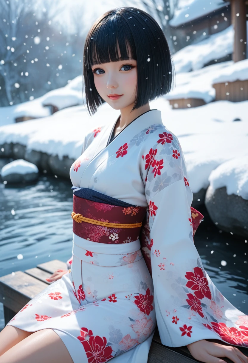 score_9, score_8_up, score_7_up, 1girl, solo, looking at viewer, short hair, blunt bangs, black eyes, beautiful detailed eyes,black hair, long sleeves, sitting, closed mouth, small breasts, outdoors, japanese clothes, wide sleeves, kimono, water, sash, obi, floral print, snow, snowing, white kimono, print kimono,  break,(clear line illustration:1.2), super detailed skin,very high resolution, very aesthetic, Best sexual lighting powered by famous artist, 8k,cute picture,beauty illustration,photoshop_(medium),,(Detailed Lighting),uncensored,