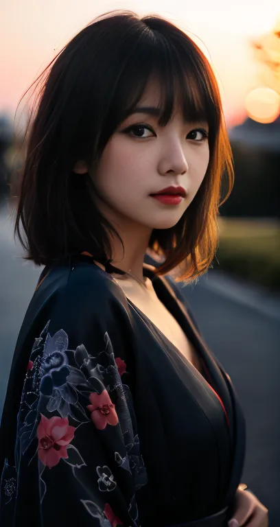 (A pretty detailed woman in a black kimono dress, korean bob_hair_side_bangs, fair skin, dark lips, standing in a city parking l...